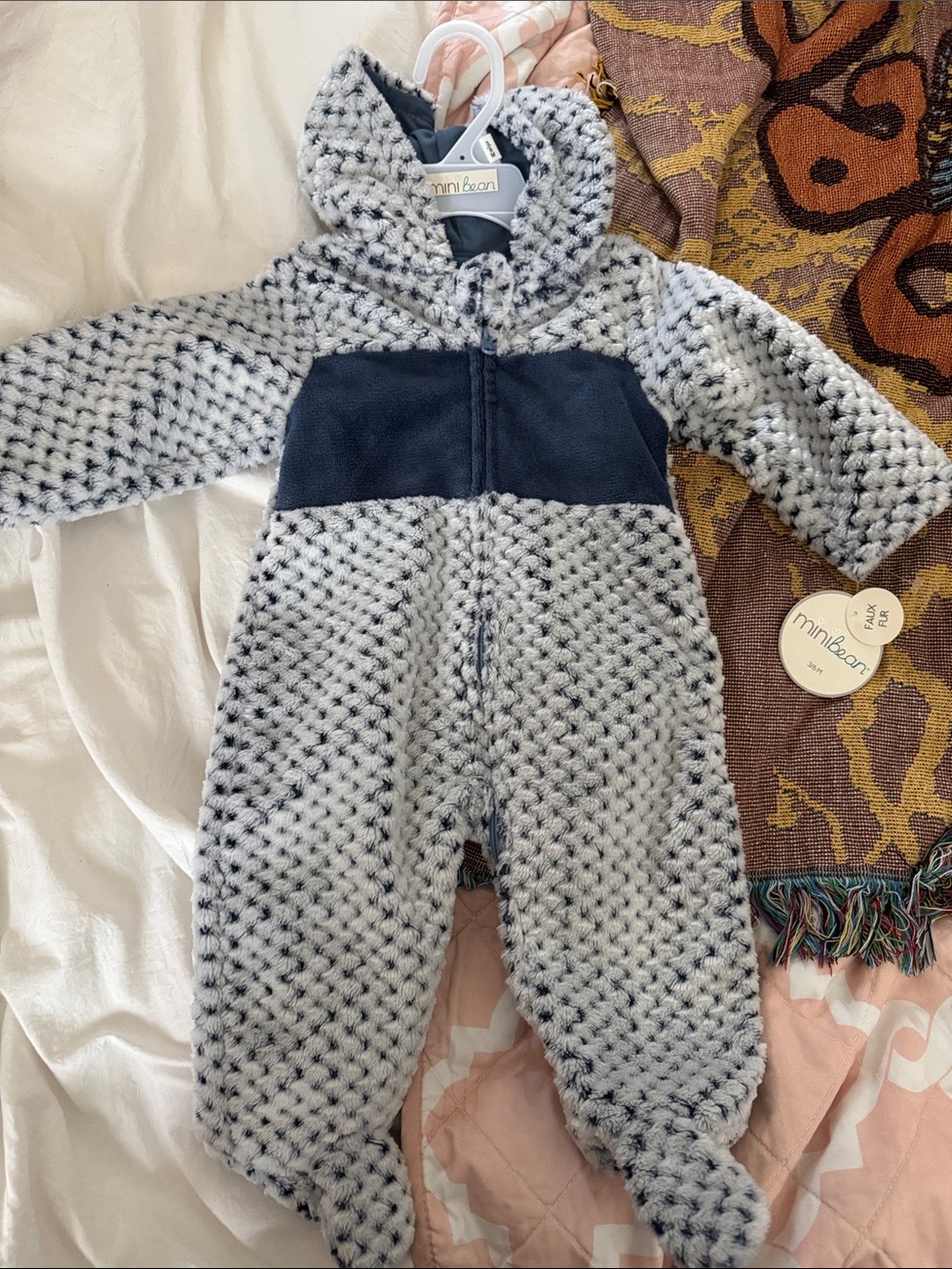 Mini Bean Plush Hooded One-Piece in Navy